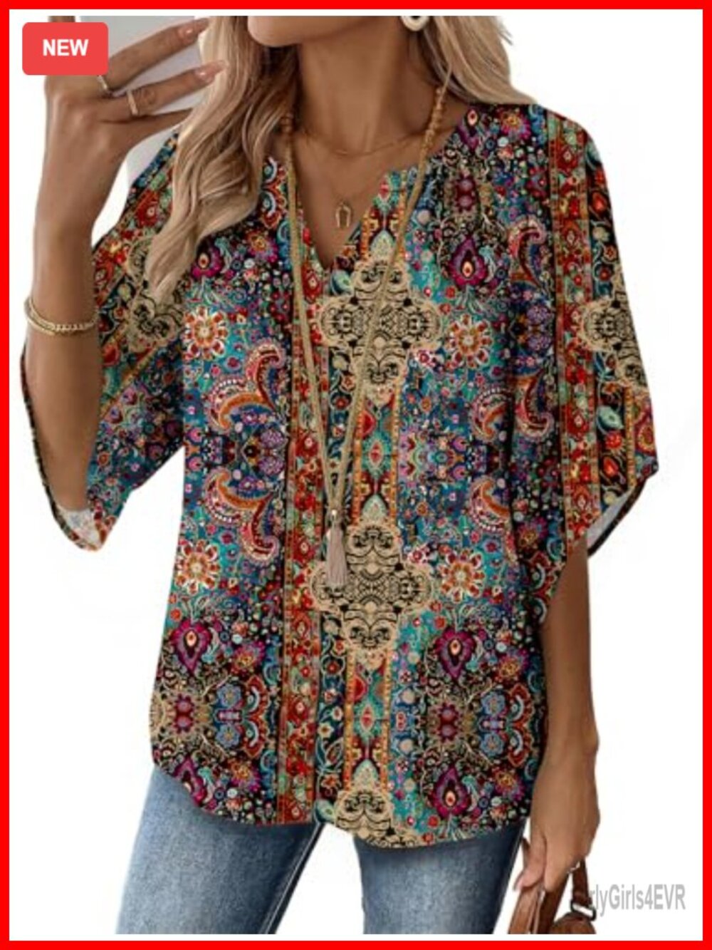 Womens Boho Tunic Top 3/4 Bell Sleeve V Neck Rayon Nylon Blouse